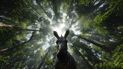 worm’s-eye view of an Okapi in Congo rainforest