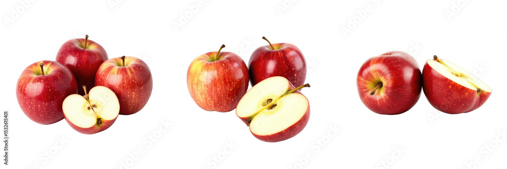 Poster group of ripe red apples with sliced apple halves arranged on a dark background showcasing the inter