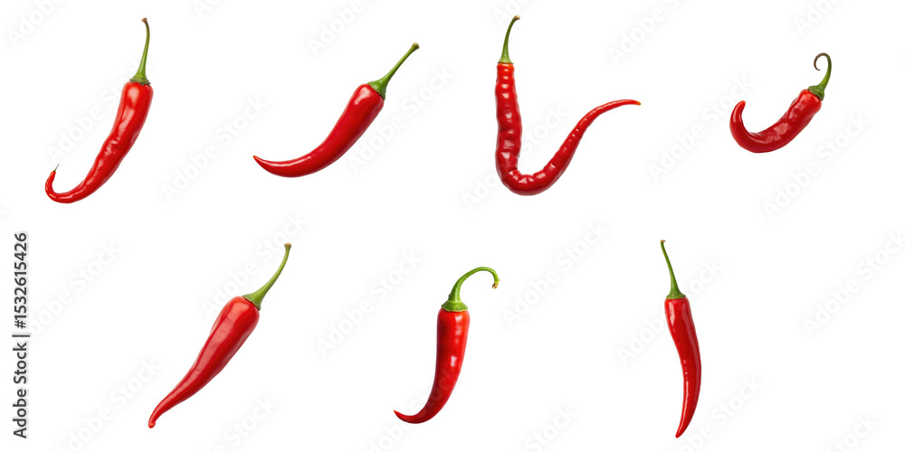 Poster various red bird's eye chillies arranged on a transparent background showcasing multiple shapes and 