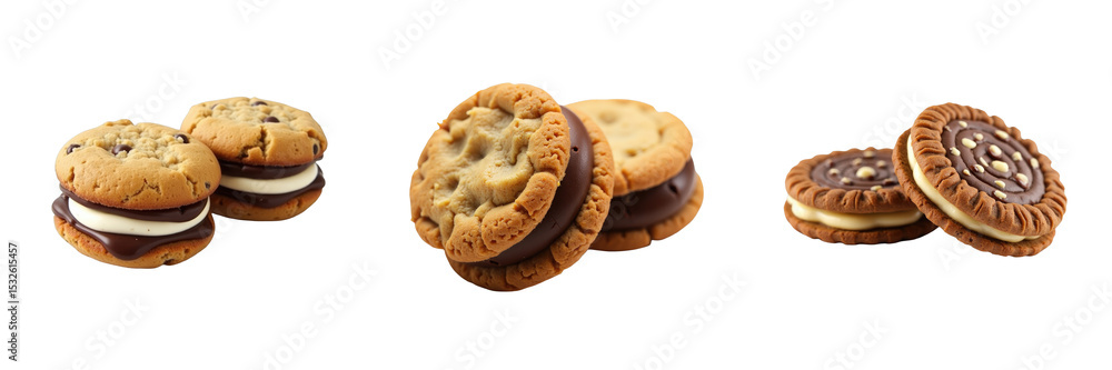 Poster assorted double chocolate cookies with creamy filling displayed on a transparent background featurin