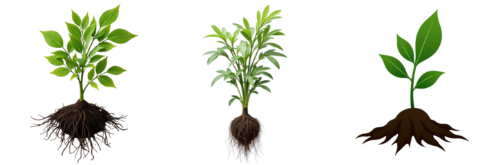 Rooted plants with green leaves isolated on transparent background, displaying different growth stages and root structures, transparent background for versatility