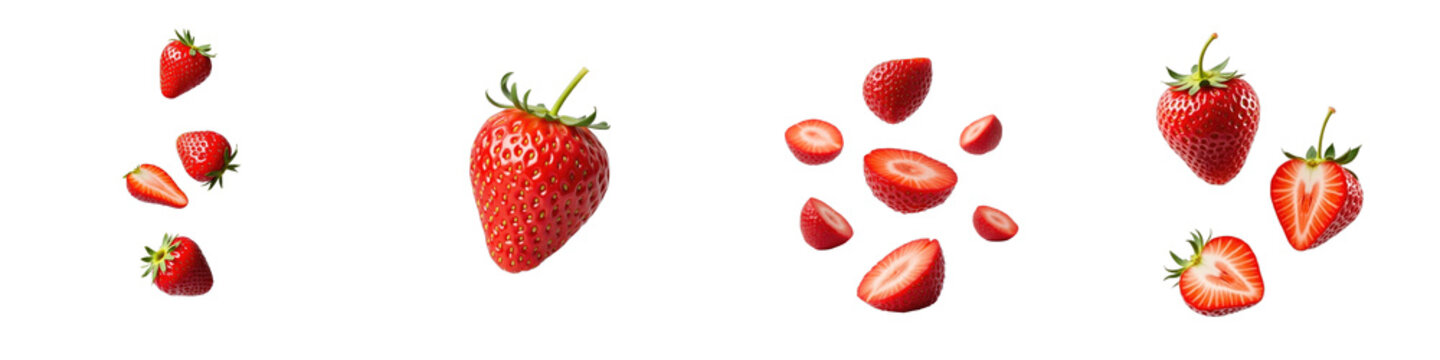 Cut strawberries in various sizes and shapes arranged in a floating composition, isolated on a transparent background for clear visibility of details and colors.