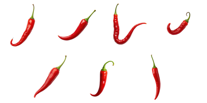 Various red bird's eye chillies arranged on a transparent background showcasing multiple shapes and sizes of the peppers isolated for culinary use and design elements.