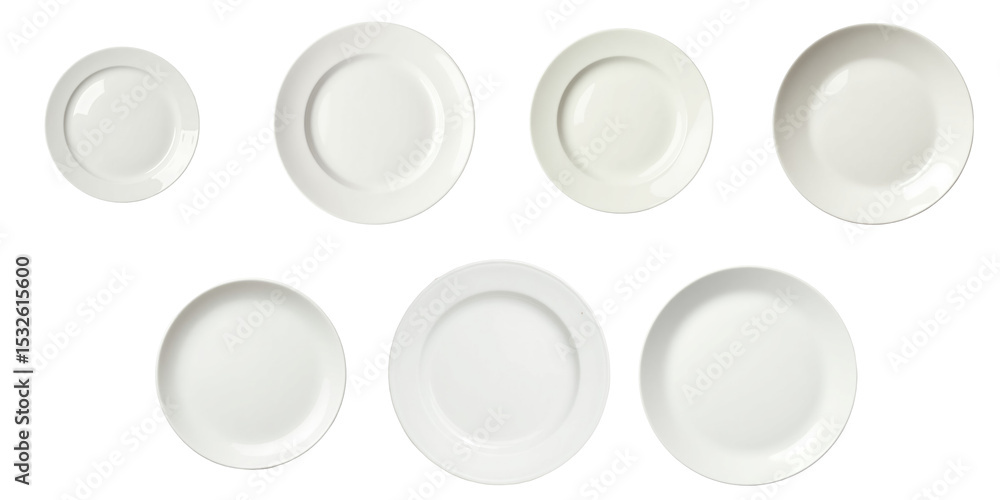 Poster set of eight empty white ceramic plates in various sizes arranged on a transparent background isolat