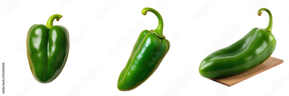 Aufkleber three types of fresh green jalapeno peppers displayed on a simple wood platform against a solid tran