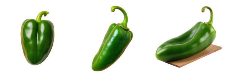 Three types of fresh green jalapeno peppers displayed on a simple wood platform against a solid transparent background showcasing their varying shapes and textures