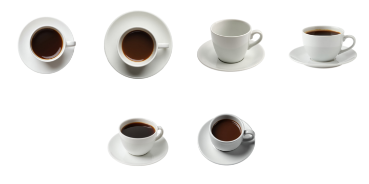 Set of white coffee cups with saucers on a transparent background featuring variations of empty and filled cups arranged in multiple angles and perspectives.