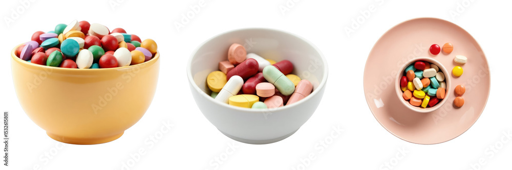 Poster bowl filled with various colorful pills and tablets displayed on a contrasting dark background highl
