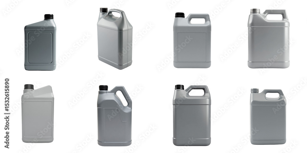 Poster gray plastic canisters for engine oil displayed in various angles isolated on a transparent backgrou