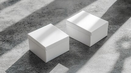 Minimalist white geometric boxes casting soft shadows on a textured gray surface, exploring light, form, and spatial relationships in monochromatic design