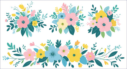 Set Of Colorful Floral Bouquets On White Background Design