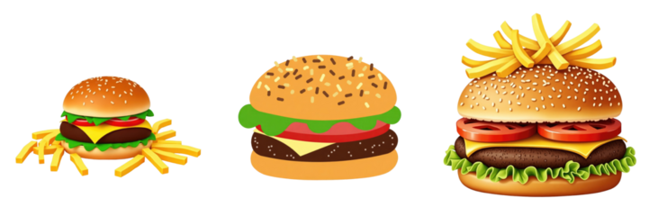 Three cartoon-style hamburgers with varying toppings and a side of french fries isolated on a transparent background suitable for culinary or food-related graphics.
