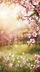 Delicate cherry blossoms dance in soft sunlight, painting a dreamy landscape of spring's tender awakening with pink petals and golden warmth
