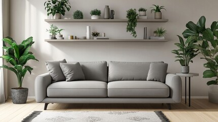 A modern living room featuring a stylish gray sofa adorned with cushions, complemented by lush indoor plants and a beautifully arranged shelf, creating an inviting atmosphere.
