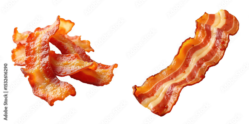 Aufkleber fried bacon strips isolated on transparent background featuring different shapes and textures, high 