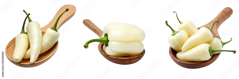 Poster white peppers in wooden spoons on a transparent background arranged in three groups highlighting the