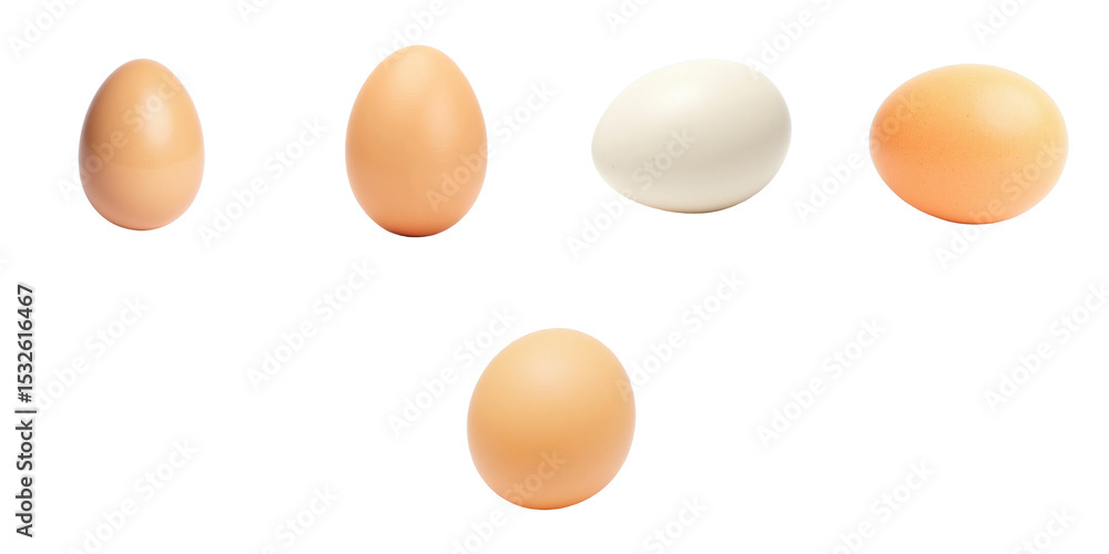 Poster assorted eggs in various shapes and colors isolated on transparent background featuring two brown eg