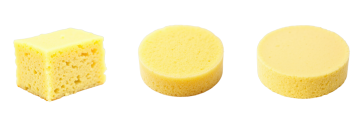 Sponge cake pieces in three shapes including a square cube, round disc, and semi-circle all isolated on a transparent background for food photography or culinary use.