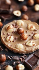 Deliciously crafted chocolate disc topped with crunchy hazelnuts and delicate cocoa shavings, perfect for satisfying your sweet cravings and enhancing dessert presentations.