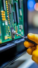 Precision electronic repair: skilled technician soldering circuit board with yellow protective glove in high-tech workshop environment