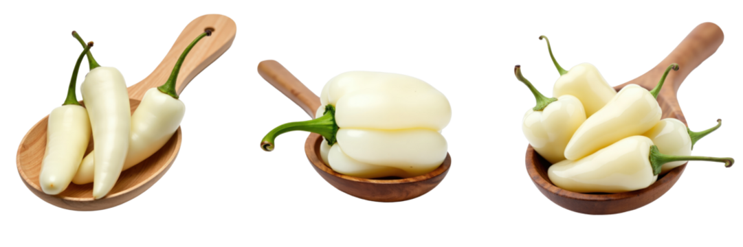 White peppers in wooden spoons on a transparent background arranged in three groups highlighting their different shapes and sizes for culinary and food photography.