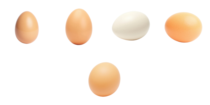 assorted eggs in various shapes and colors isolated on transparent background featuring two brown eggs one white egg and one light orange egg arranged in a row