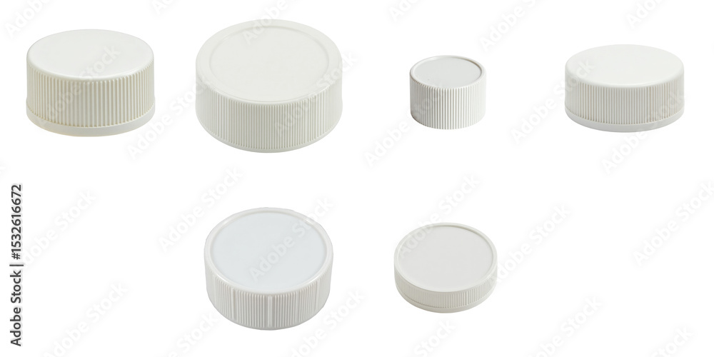 Aufkleber various white plastic bottle caps of different sizes isolated on a transparent background demonstrat