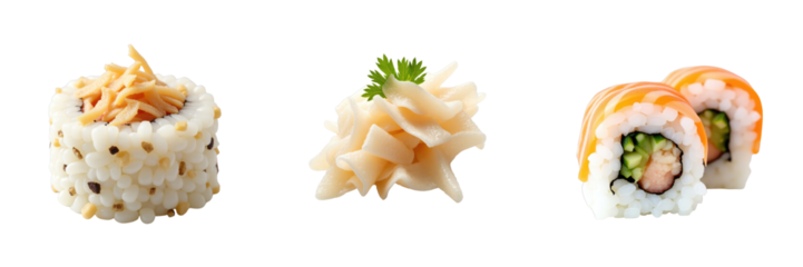 Sushi platter featuring mackerel shavings sushi roll garnished with ginger, decorative vegetable shavings, and another sushi roll with cucumber and shrimp on transparent background