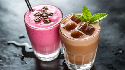 Refreshing and colorful drinks await, featuring a vibrant pink smoothie topped with coffee beans alongside a creamy iced coffee adorned with mint leaves, perfect for a hot day.