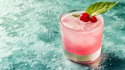 Refreshing pink cocktail with ice and fresh basil leaves, garnished with vibrant red cherries, set against a cool aqua background, perfect for summer celebrations and parties.