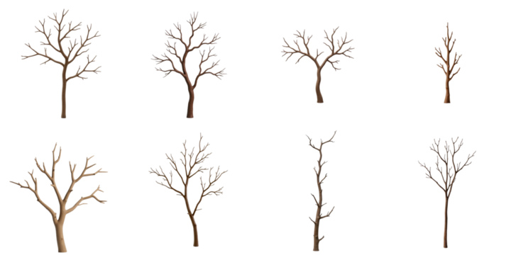 Collection of various dry tree branches with unique shapes and structures isolated on transparent background suitable for design and creative projects.