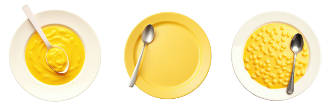 Three top-down views of plates with yellow food; one with spoon and corn, one clean empty plate, and one with scattered food, all isolated on transparent background.