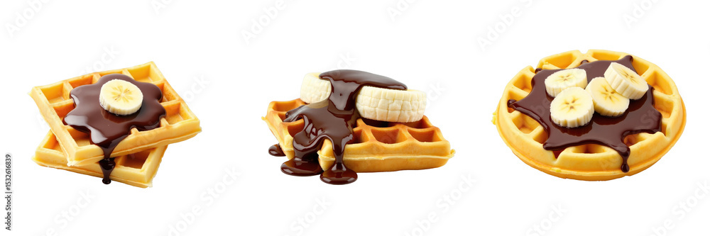Poster waffles topped with banana slices and chocolate syrup arrangement on transparent background showing 