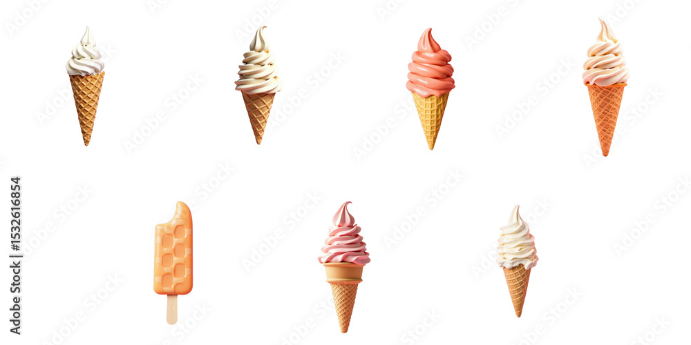Poster variety of ice cream cones and popsicles on transparent background arranged in different positions i