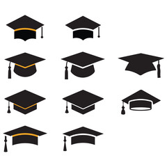 Graduation hat cap icons set. Academic cap. Graduation student black cap and diploma. Vector Illustration. Vector Graphic
