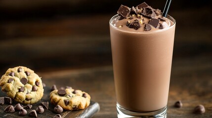 Indulge in a delicious chocolate milkshake topped with chocolate shavings and surrounded by freshly baked cookies, perfect for dessert lovers and sweet treats enthusiasts.