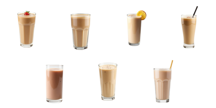 Assorted protein shakes in clear glasses on transparent background featuring various flavors and garnishes including fruits and toppings.