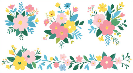 Obraz premium Vector Floral Set Bouquets And Border On White Background