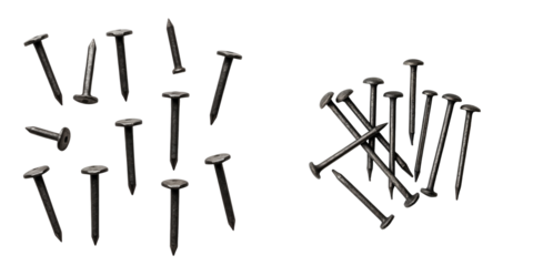 collection of iron nails various sizes arranged on a transparent background isolated for graphic use or industrial representation