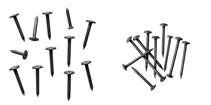 collection of iron nails various sizes arranged on a transparent background isolated for graphic use or industrial representation