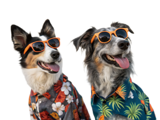Two dogs wearing sunglasses and hawaiian shirts against a black background looking up smiling