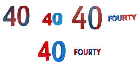 Wooden capital letters depicting the word FOURTY and number 40 in red and blue colors, isolated on transparent background for clear visibility and versatility.