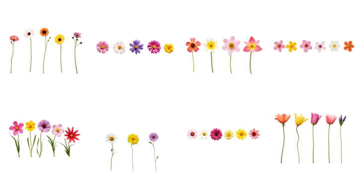 Row of various colorful flowers including daisies, tulips, and cosmos isolated on transparent background for floral design or decoration purposes