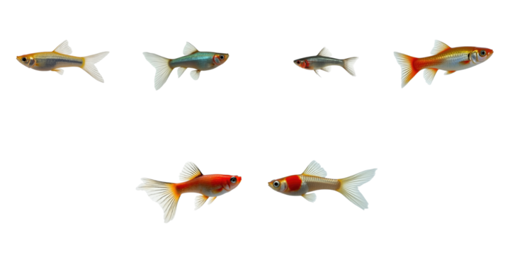 Guppy fish collection displaying various color mutations and patterns isolated on a transparent background for detailed examination and study purposes.