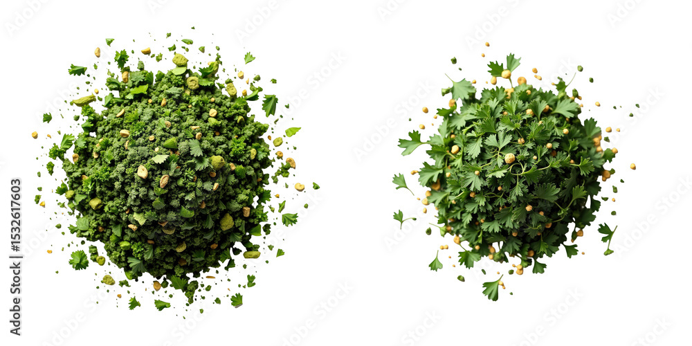 Poster dried parsley heap next to crushed cilantro leaves isolated on transparent background showcasing tex