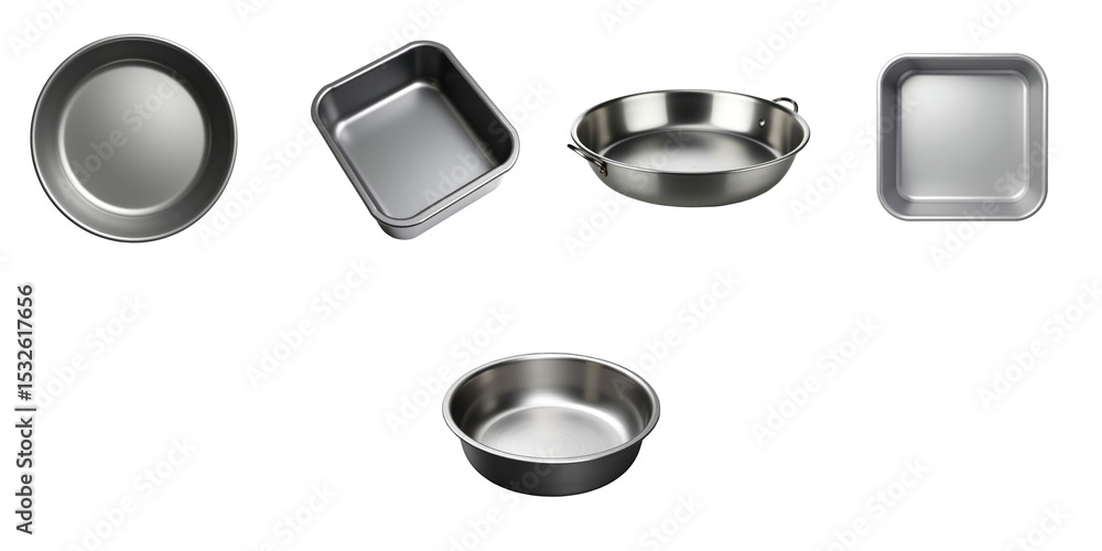 Poster empty metal baking dishes arranged on a transparent background featuring round square and rectangula