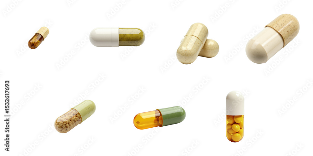 Poster assortment of herbal capsules in different shapes and colors isolated on transparent background show