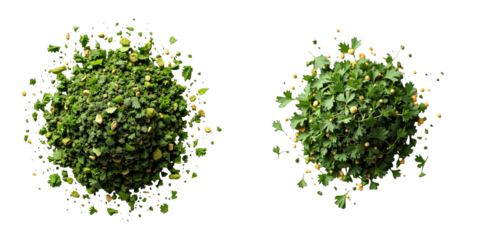 Dried parsley heap next to crushed cilantro leaves isolated on transparent background showcasing texture and color variations of herbs viewed from above