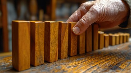 Hand placing wooden blocks in a row.