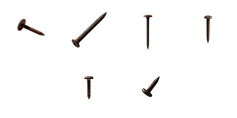 Naklejka premium Collection of old rusty nails in various orientations isolated on a transparent background suitable for use in graphic design and digital projects.